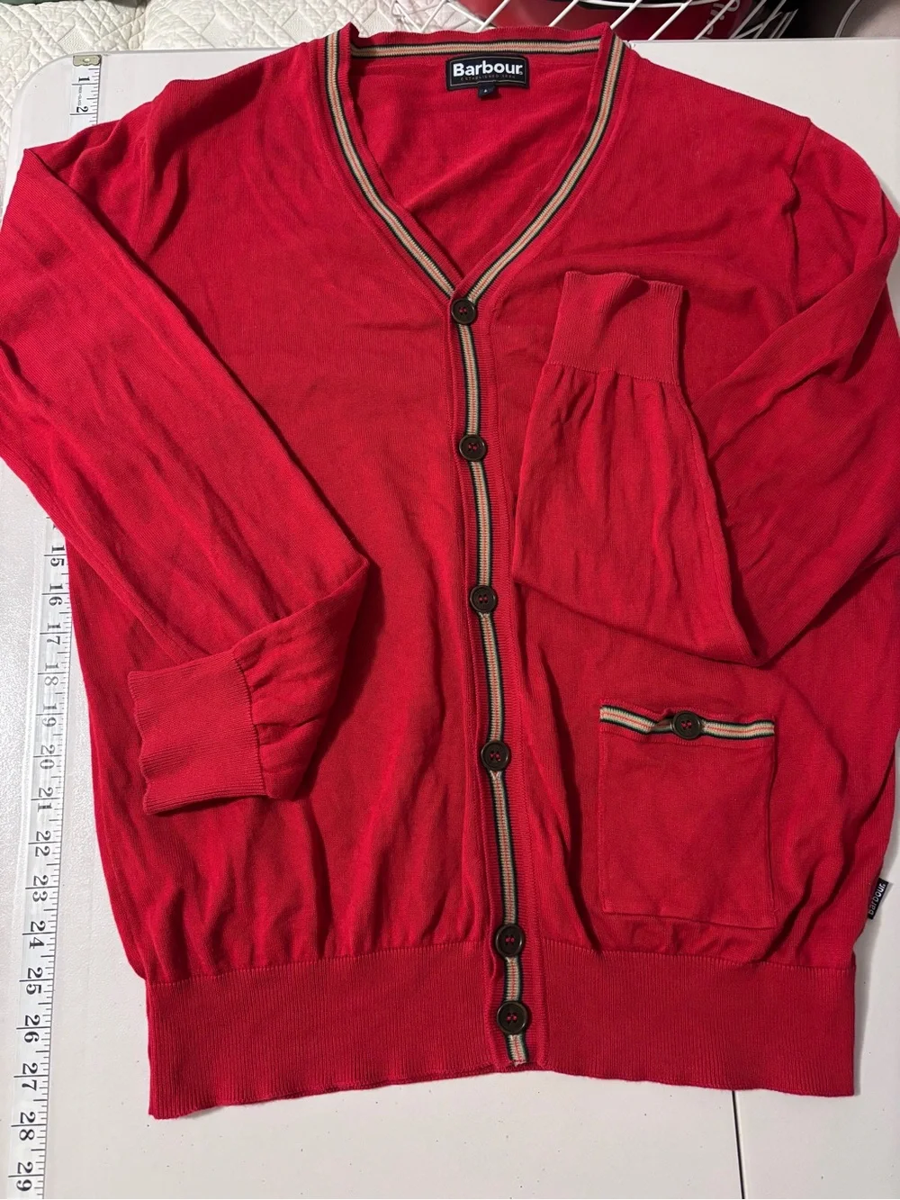 Barbour Mens Cardigan Size Large Red Stripes Trim Pocket Academia Preppy Varsity